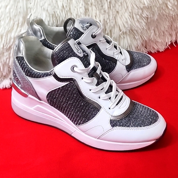 Michael Kors Crista Women's White and Silver Glitter Sneakers - Picture 1 of 10